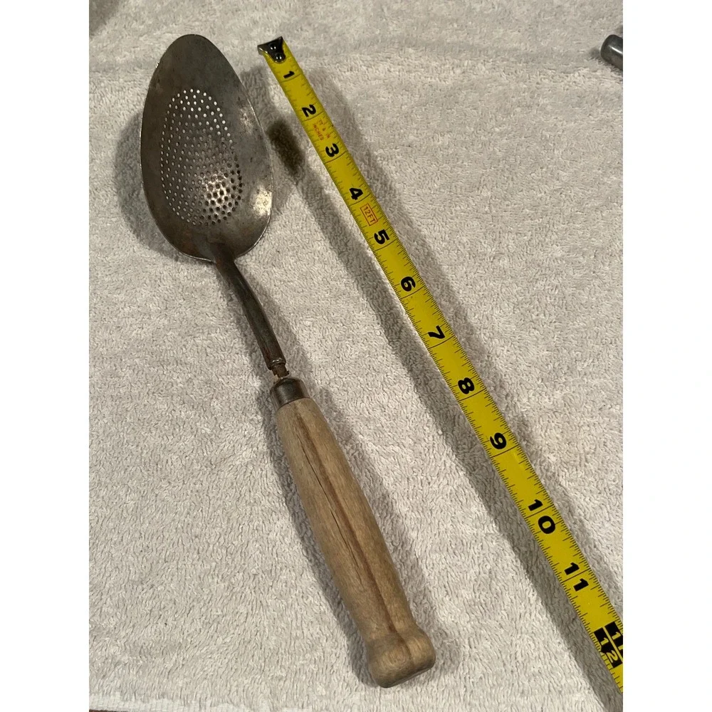 Vintage Perforated Skimmer Spoon Primitive Wooden Handle Rustic Kitchen Tool